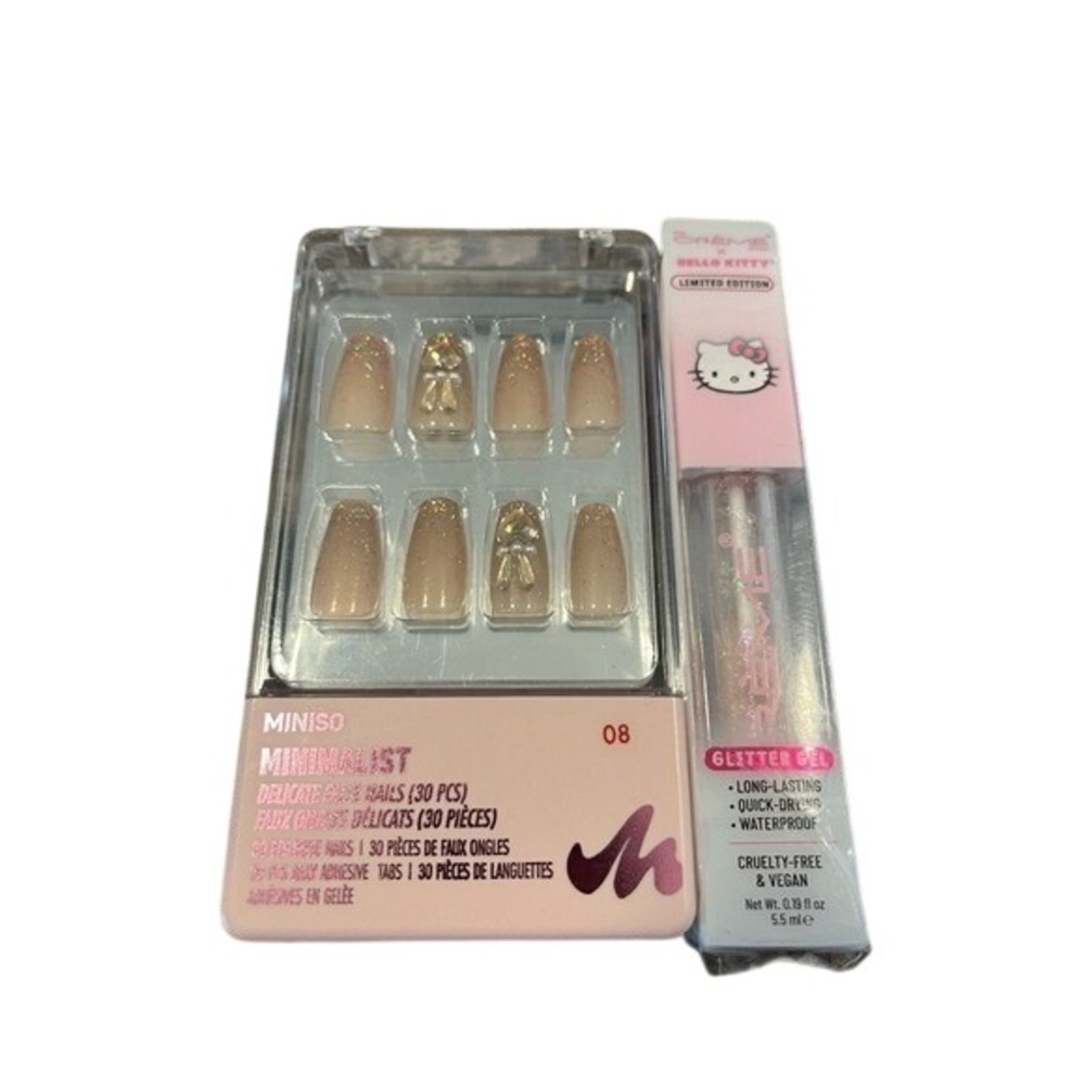 Miniso Minimalist Press On Nails 08 & Hello Kitty The Creme Shop Glitter Gel Set